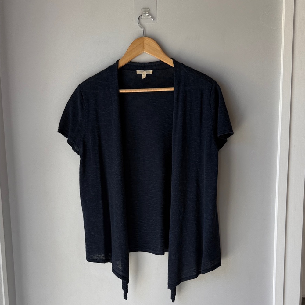 Eileen Fisher Navy Linen Cotton Short Sleeve Open Cardigan